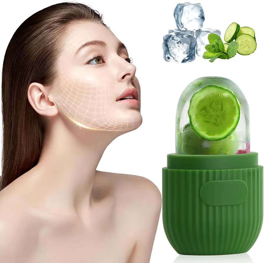 Rodillo de Hielo para la Cara, Ice Roller, Masaje Facial con Hielo, Reafirmación Facial, Reduce la Hinchazón, Mini Moldes de Hielo de Silicona para Hombres, Mujeres, Cuidado de la Piel (Verde)