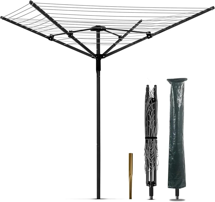 Nisorpa Rotary Outdoor Umbrella Drying Rack Adjustable Height Clothesline w/Waterproof Protective Cover Folding Rotary Dryer with 4-Aluminum Arms and Steel Post | 12-Lines with 165 ft. Clothesline