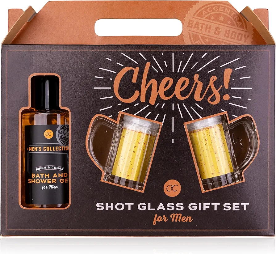 Accentra Set de regalo para hombre Collection en caja de regalo, incluye gel de baño y ducha de 140 ml, 2 vasos de chupito en forma de jarra de cerveza (4 cl cada uno), fragancia: abedul y cedro –