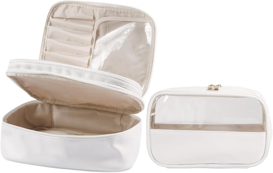 CAZSTYK 2 bolsas de maquillaje impermeables para artículos de tocador, bolsa de almacenamiento de cosméticos para mujeres y niñas, bolsa de viaje para cuidado personal y belleza, White