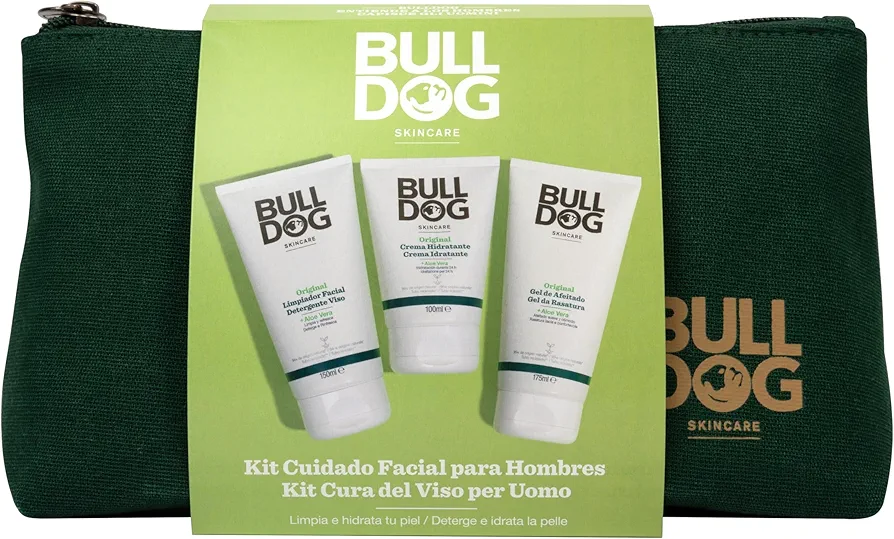 Bulldog Skincare - Neceser Cuidado Facial Hombre, Incluye: Limpiador Facial 150 ml + Gel de Afeitado 175 ml + Crema Hidratante 100 ml y Neceser de Tela Sostenible | Set Regalo Hombre Cuidado Facial