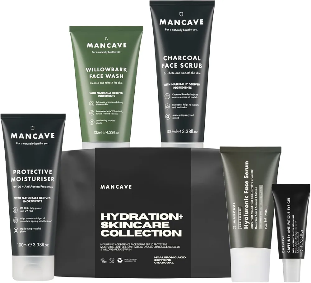 ManCave Hydration Skincare Collection, Bolsa de aseo para hombr, crema hidratante facial hombre, limpiador facial, exfoliante de carbón, gel para ojos, suero de ácido hialurónico, kit facial hombre