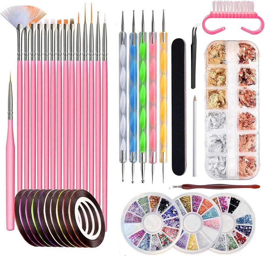 Pinceles para Pintar Uñas,Kit de Manicura Diseño con 15 Brochas de Uñas,Accesorios Decoración para DIY Uñas,Copos de Hoja de Oro,5 Lápiz de Punto,10 Cintas Adhesivas Uñas y Diamantes de Imitación