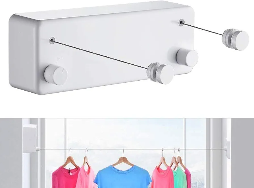 Retractable Clothesline-Clothes Line Retracting Indoor-Clothes Drying Line-Double Retractable Clothes Lines for Hanging Clothes Outdoor with 13.8 Ft Steel Wire, Clothing Line/Laundry Line, White