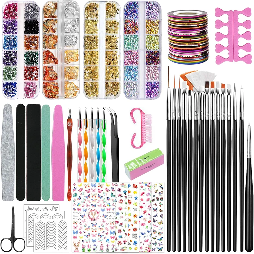 SAMISO 51pcs Kit de Decoración de Uñas,Kit de Accesorios Decoración Uñas Nail Art,Kit de Diseño de Arte de Uña con 15 Brochas de Uñas,Accesorios Decoración para DIY Uñas,pedrería,papel de aluminio