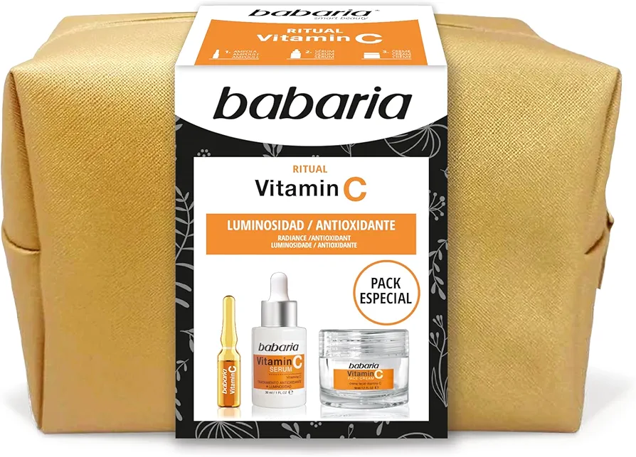 Babaria - Neceser Ritual Vitamina C, Pack Especial, Incluye Ampolla Facial 2 ml, Sérum 30 ml y Crema Facial 50 ml, Con Vitamina C y E, Hidrata e Ilumina el Rostro, Acción Antioxidante y Antiarrugas