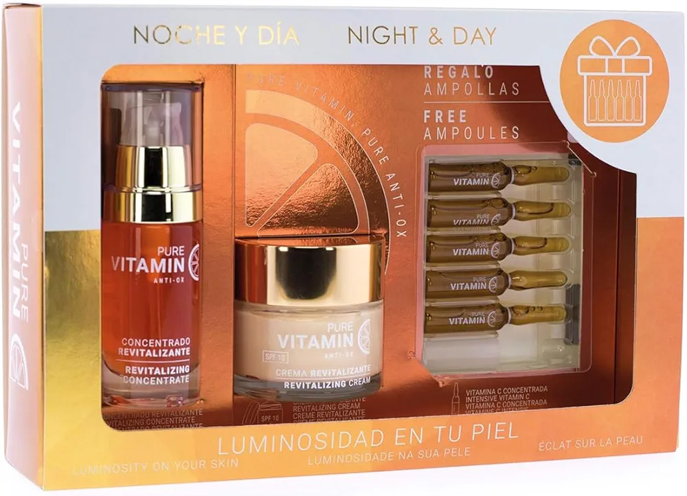 Noche y Día, Pack Regalo Vitamina C, Crema Hidratante Facial 60ml, Serum 30ml, 5 Ampollas 2ml, Tratamiento Antioxidante e Iluminador, Máxima Hidratación, Anti-edad, Luminosidad, Hombres y Mujeres