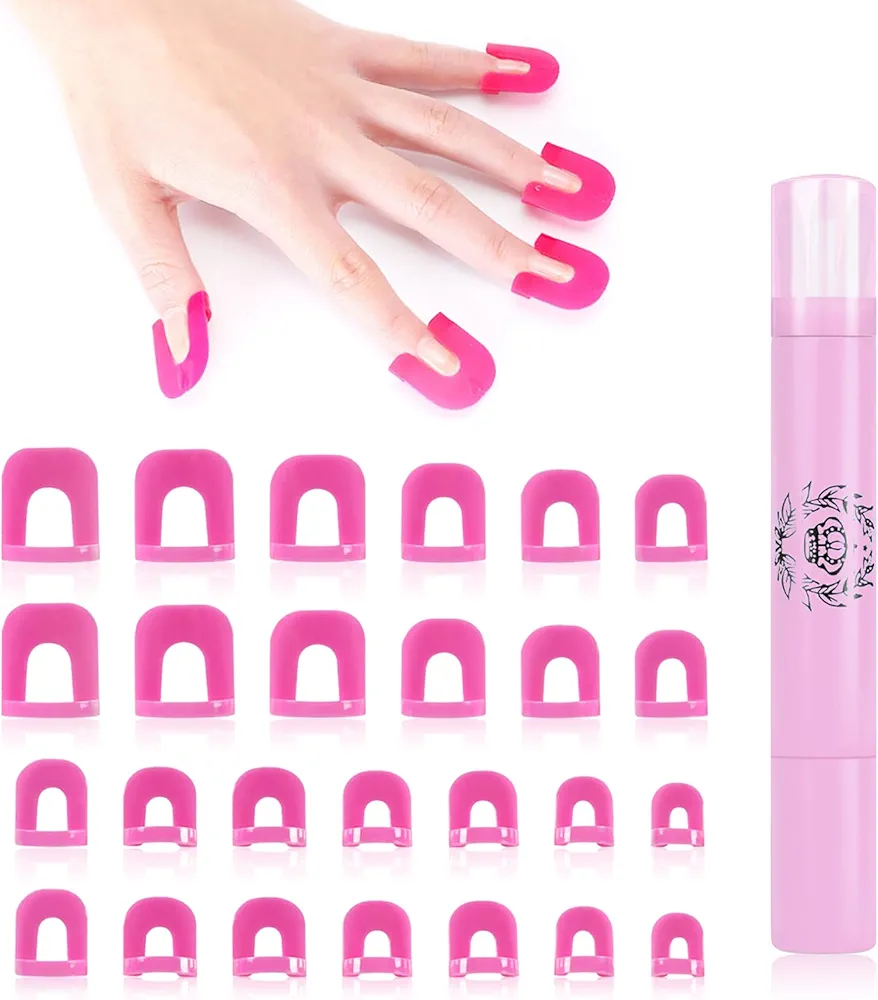 26 Plantillas para Esmalte de Uñas, 1 PCS Pluma Corrector Esmalte Uñas, Protección y Diseño Creativo de Uñas, Accesorios para Nail Art, 10 tamaños Cubierta Protectora de Uñas Reutilizable (Rosa)