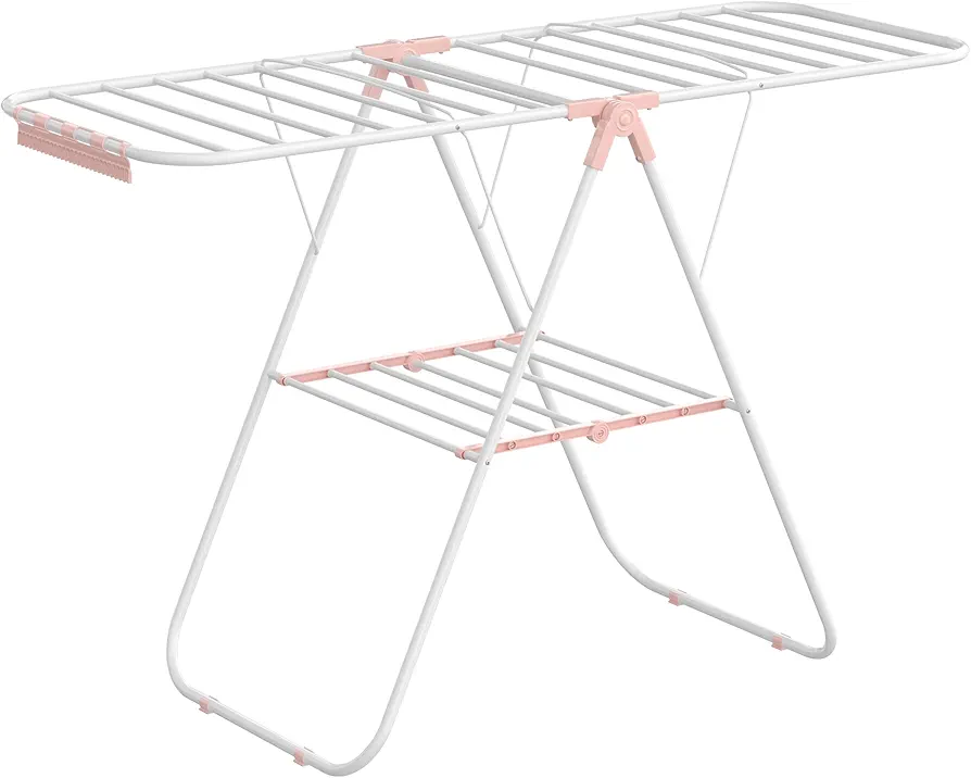 SONGMICS Clothes Drying Rack, with Sock Clips, Metal Laundry Rack, Foldable, Space-Saving, Free-Standing Airer, with Height-Adjustable Gullwings, Indoor Outdoor Use, White and Pink ULLR052P01