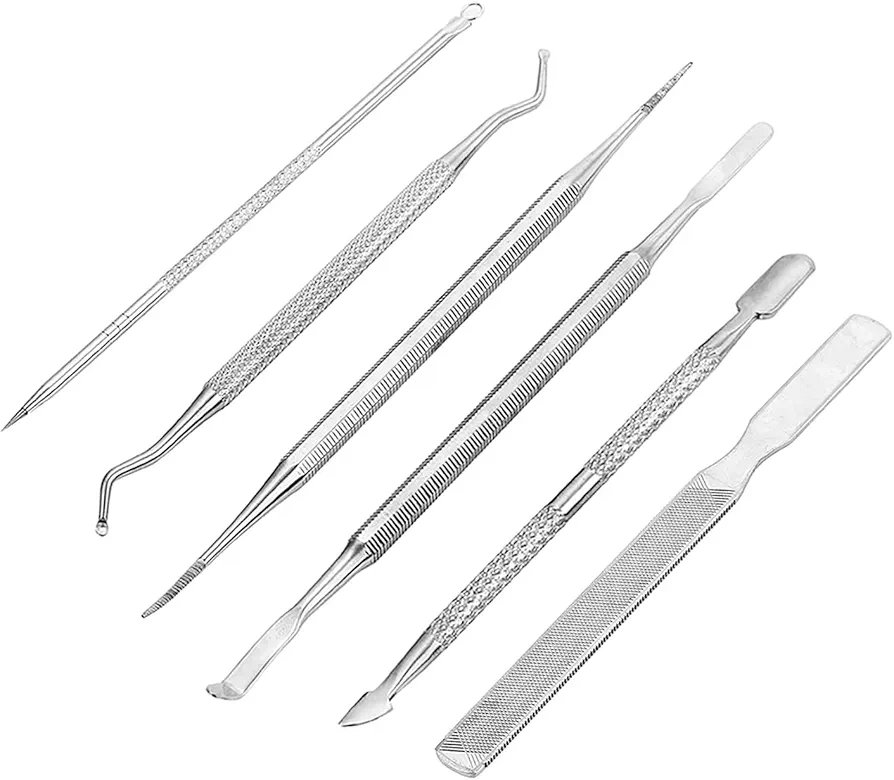 Chie no fukuro Herramienta de pedicura 6 en 1,Gancho Excavador para Pies,Acero Inoxidable Kit para Uñas Encarnadas Levantador y Lima,cutícula Pusher cortador Recortadora,Limas de uñas