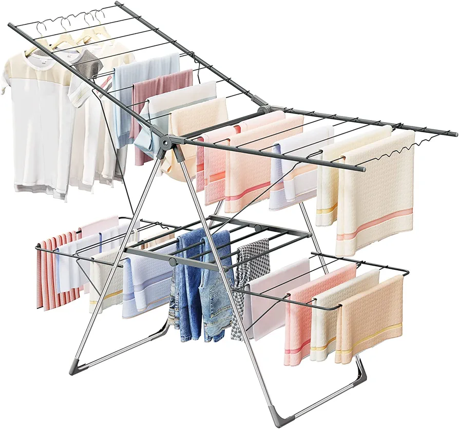 Bigzzia Clothes Drying Rack Foldable, 2-Level Large Laundry Drying Rack Collapsible, Stainless Steel Drying Rack Clothing for Indoor Outdoor, Easy to Fold, 33 Drying Rails, 142cm, Gray