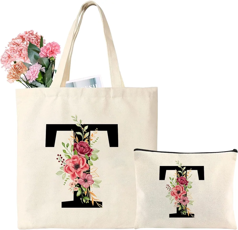 Tarklanda Bolsa de Lona Inicial Personalizada Bolsa Tela con Letras, Bolso Tote Bag Mujer con Iniciales, Bolsa de Compras Reutilizable, Regalos para Mujer, Amigas, Cumpleaños Navidad (T)