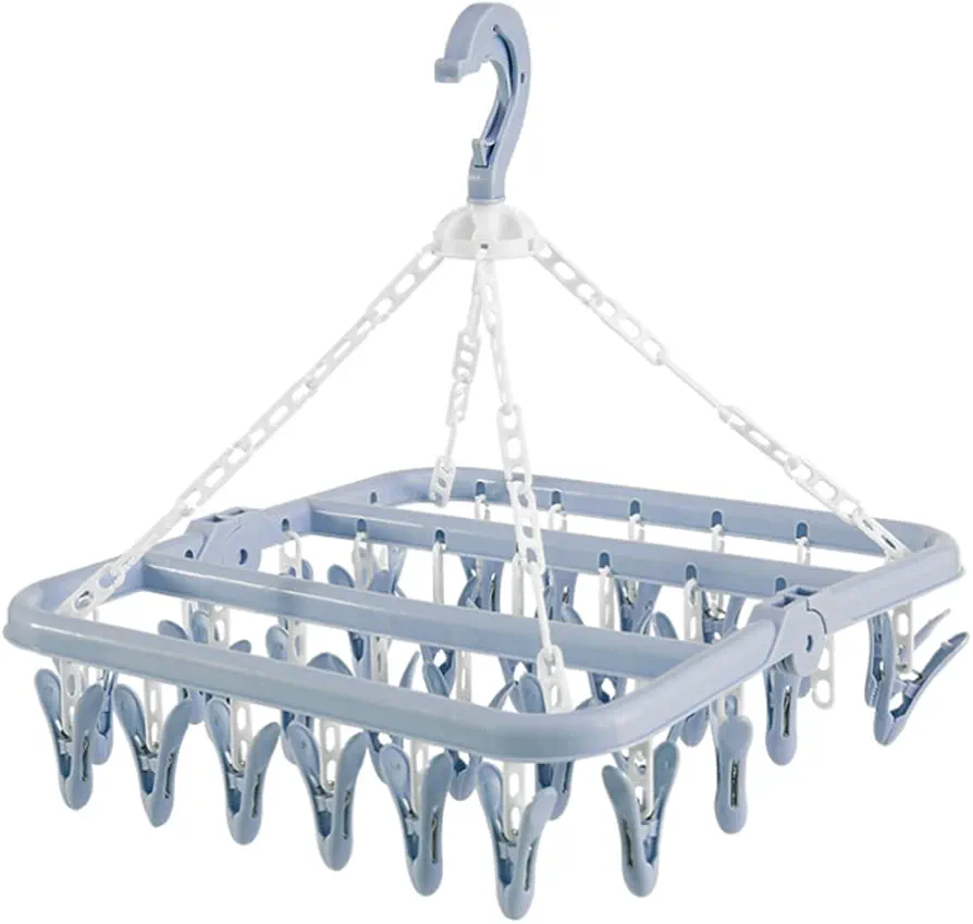 SteelFever Foldable Clip and Drip Hanger with 32 Clips - Plastic Hanging Drying Rack for Clothes Underwear Socks (Nordic Blue (Drop Clip))