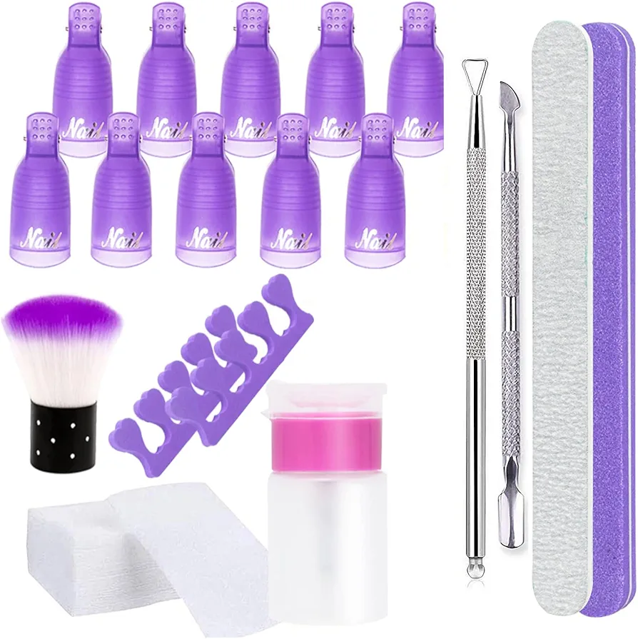 Olisang Kit de Uñas. Removedor el Esmalte,10pcs Clip de Plastico, 100 Almohadillas, Lima,Raspador,Empujador de Cutículas,Cepillo para Uñas,Botella Dispensadora, separadores de dedos