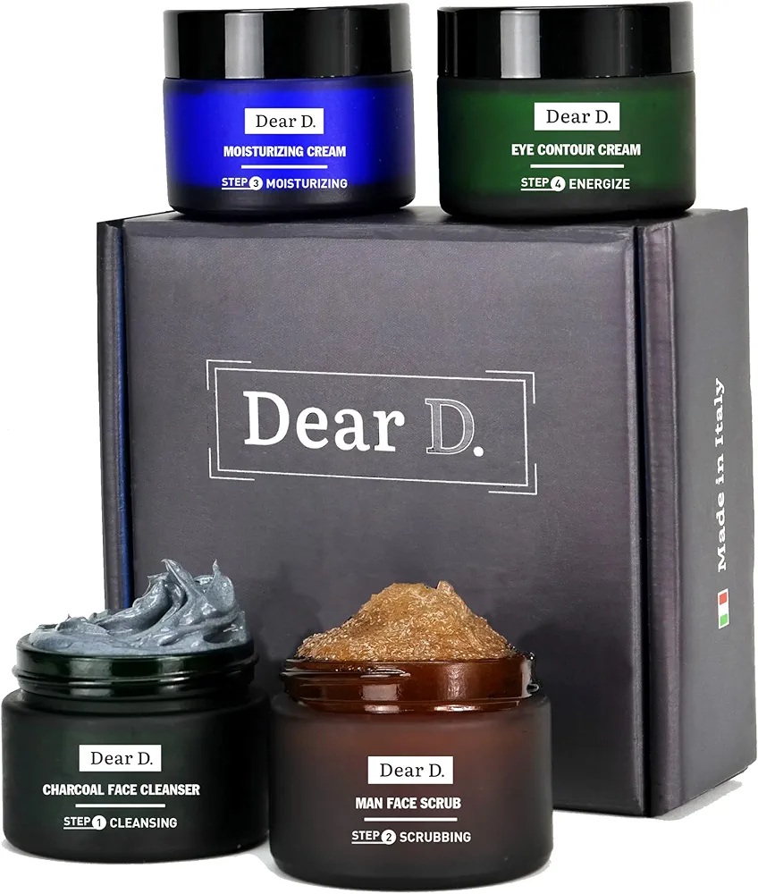 Dear D Box Superior Face Skincare Kit | Rutina Completa En 4 Pasos Con Lavado Facial, Exfoliante Facial, Crema Hidratante, Crema Contorno De Ojos | Set De Crema Para Hombres