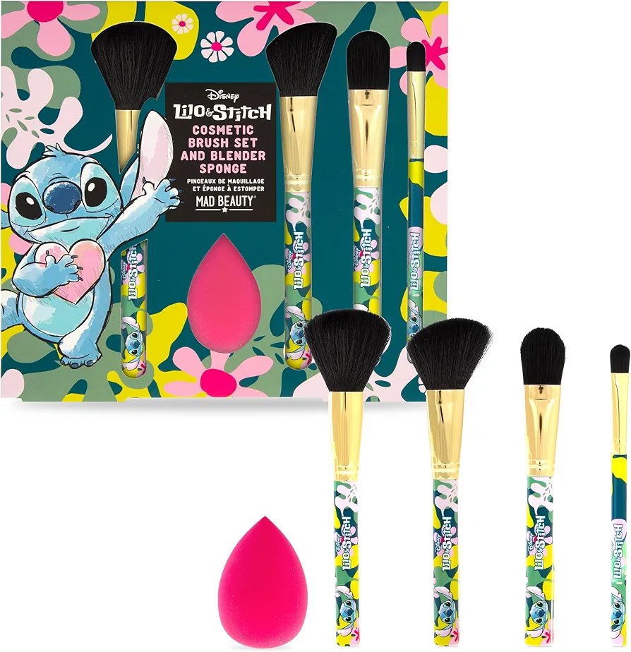 MAD BEAUTY Disney Lilo & Stitch - Juego de brochas cosméticas con esponja mezcladora, regalos de belleza y cuidado personal, cuatro cepillos para uso versátil