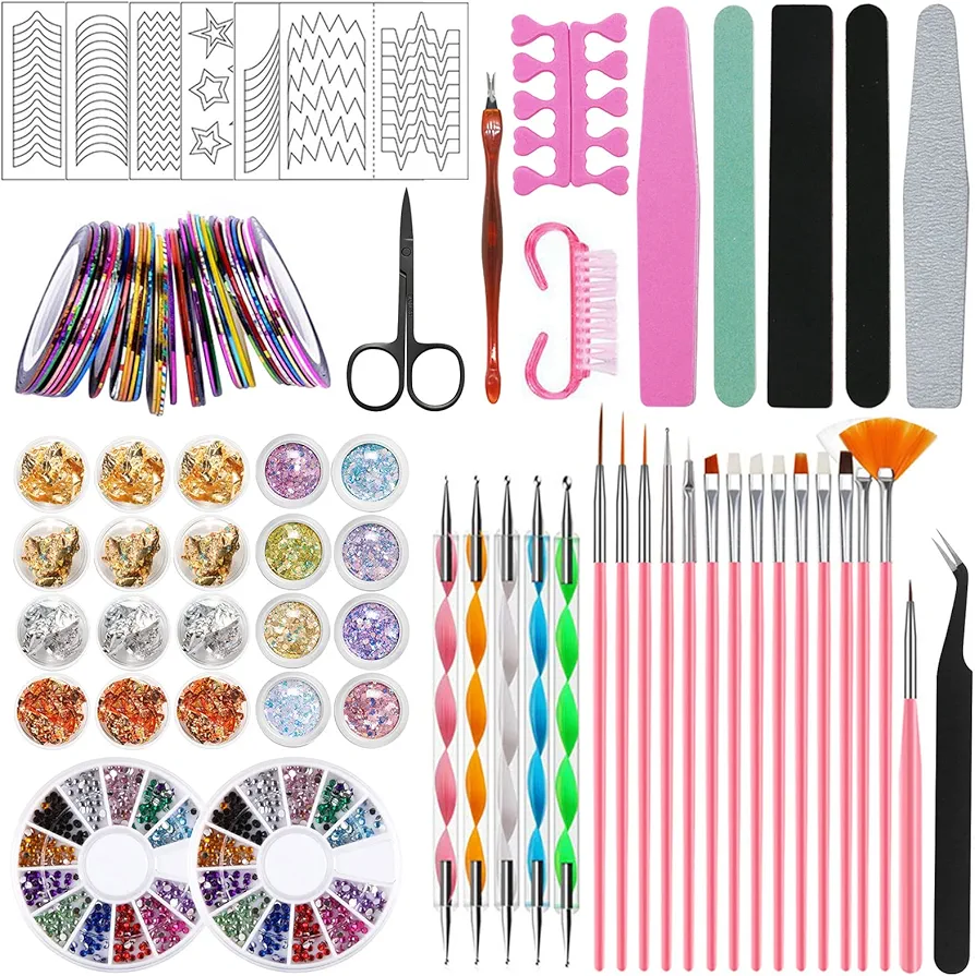 JOYBOY Kit de Accesorios Decoración Uñas Nail Art,Kit de Diseño de Arte de Uña incluir 15 Pinceles para Uñas,2 Cajas de Diamantes+1 Caja de Papel de Aluminio etc Decoración Uñas Nail Art Kit de Uñas