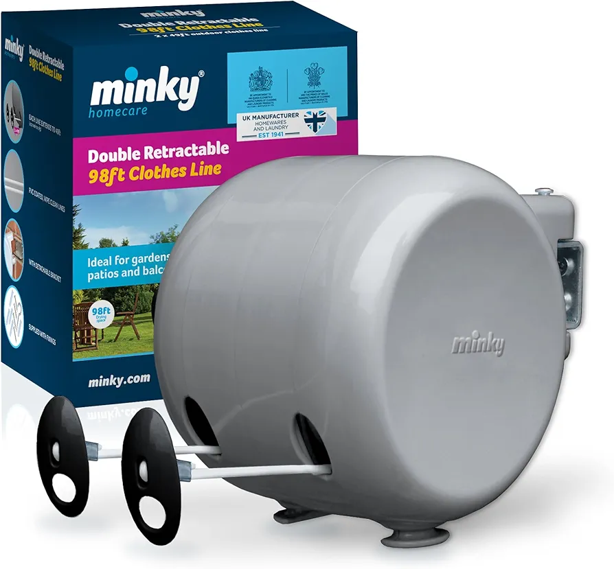 Minky Homecare Outdoor Retractable Dual Clothesline - Heavy Duty PVC Coated Line - Energy and Space Saving Removable Laundry Drying Line - 2 x 49 Feet (Gray)