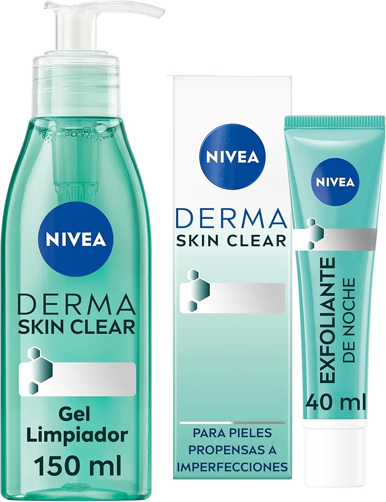 NIVEA Derma Skin Clear Peeling Exfoliante de Noche (1 x 40 ml) + NIVEA Derma Skin Clear Gel Limpiador (1 x 150 ml), para Pieles Propensas a Imperfecciones con Fórmula Vegana, Regenerador de Piel