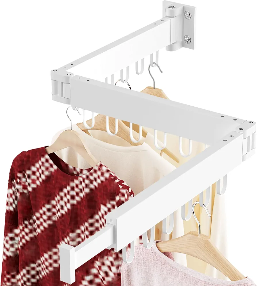 JAUREE Clothes Drying Rack Wall Mounted, Laundry Drying Rack Collapsible, Space Saving Wall Drying Rack Clothing Foldable, Tri-Fold Retractable Rack Outdoor Indoor with 18 Hooks, White