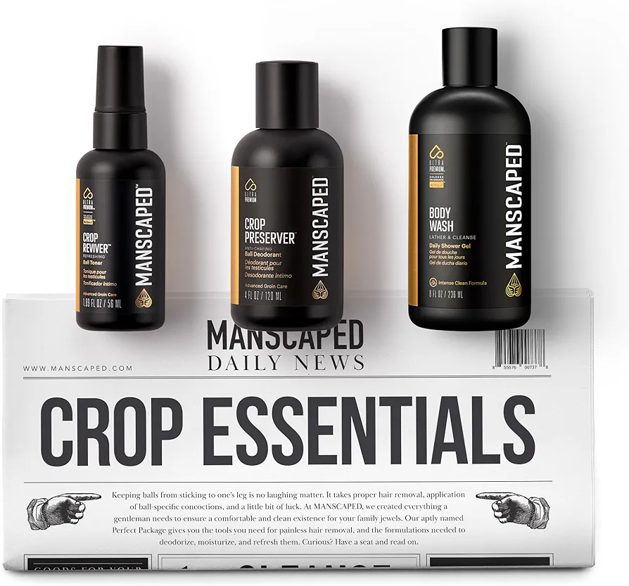 Cuidado personal para hombre de MANSCAPED™ Crop Essentials, kit de higiene íntima masculina, jabón íntimo, desodorante para los testículos, tonificador corporal y esterillas de afeitado desechables