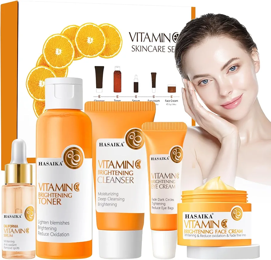 HASAIKA® Vitamina C Pack Regalo, Set de Cuidado Facial con Vitamina C Incluye Limpiador de Tóner, Crema Facial y Suero,para Nutre e Hidrata el Rostro para Ralentizar el Proceso de Envejecimiento