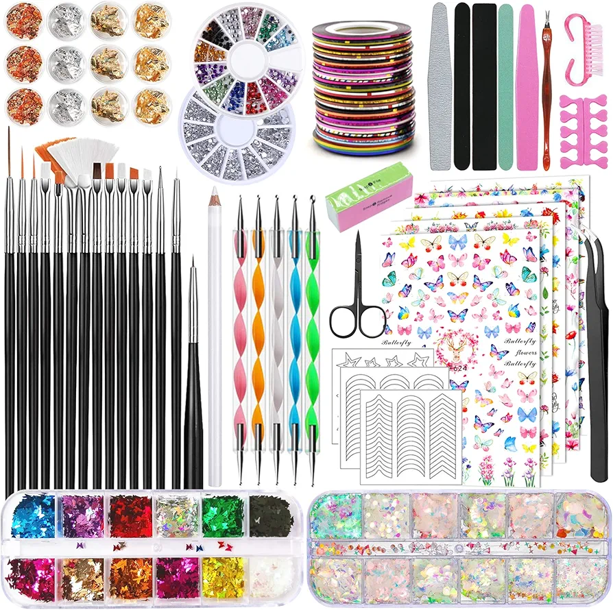 TAVADA Kit de Accesorios Decoración Uñas Nail Art,Kit de Decoración de Uñas,Pinceles para Uñas,Pincel Uñas,5 Lápiz de Punto,30pcs Rollos de Cintas Adhesivas Uñas,Arte de Uña para Mujeres