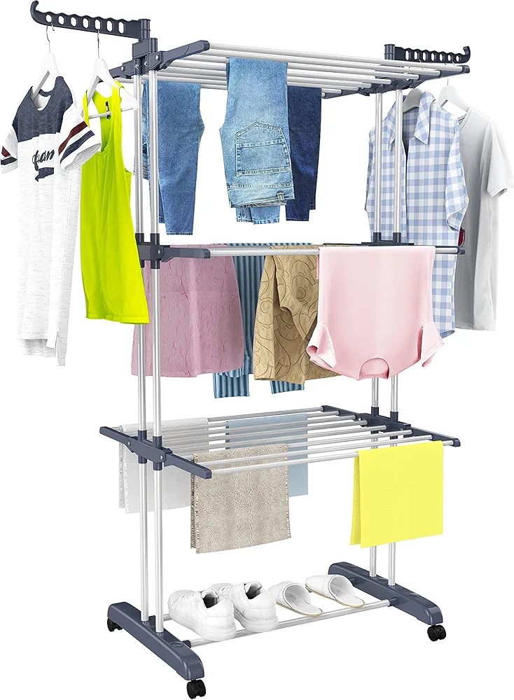 HOMIDEC Clothes Drying Rack, Oversized 4-Tier(67.7" High) Foldable Stainless Steel Drying Rack Clothing, Movable Drying Rack with 4 castors, 24 Drying Poles and 14 Hooks for Bed Linen, Clothing, Grey