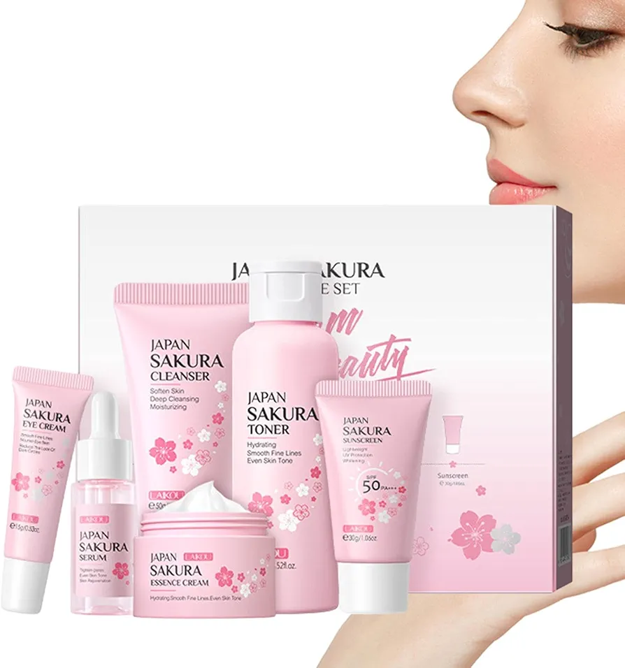 Kit Facial Para El Cuidado De La Piel, Set De Cuidado De La Piel Con Flor De Cerezo De 6 Piezas, Set De Regalo En Crema Para Mujer Adecuado Para Todo Tipo De Piel, 21,1 X 17,1 X 4,5 Cm