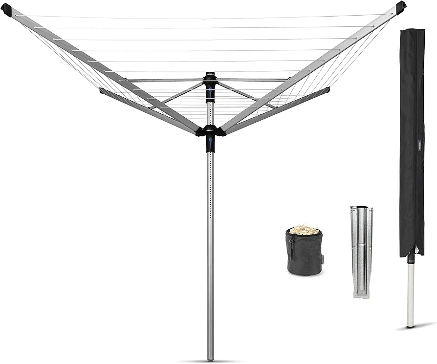 Brabantia Lift-O-Matic Advance Outdoor 4 Arm Clothesline (164 ft/Ø 1.97") Height Adjustable, Folding Clothes Drying Rack + Ground Spike, Cover + Bag of Clothespins (Gray)