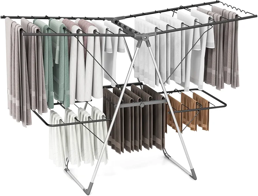 Giantex Clothes Drying Rack, Foldable Laundry Drying Rack with 33 Drying Rails, 3-Level Adjustable Height, Versatile Clips, Wave-Shaped Bars, Collapsible Freestanding Airer for Indoor Outdoor