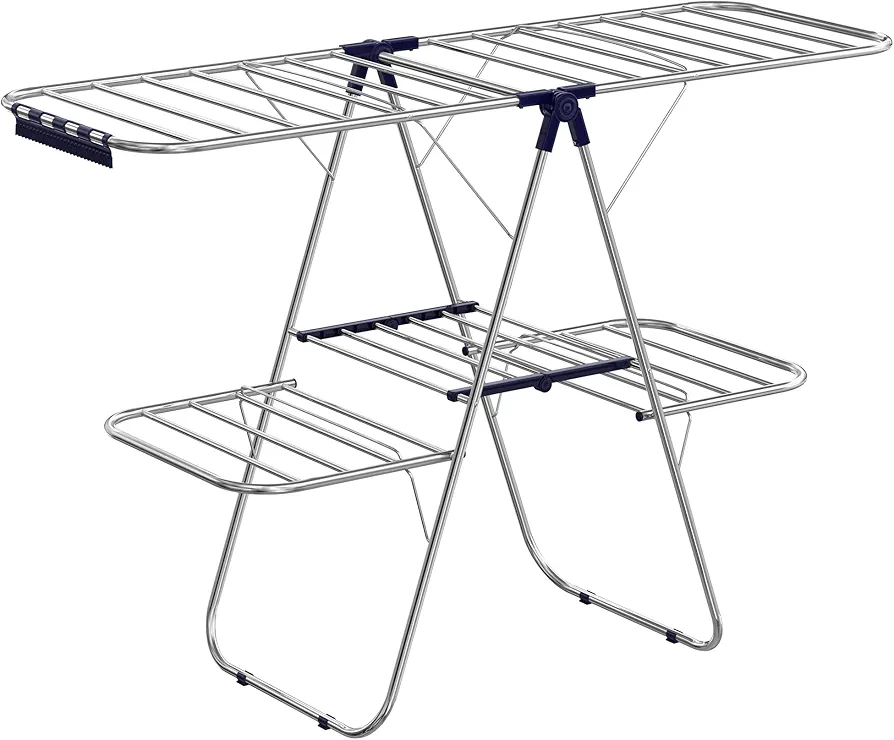 SONGMICS Clothes Drying Rack, Foldable 2-Level Laundry Drying Rack, Free-Standing Large Drying Rack, with Height-Adjustable Wings, 33 Drying Rails, Sock Clips, Silver and Blue ULLR53BU