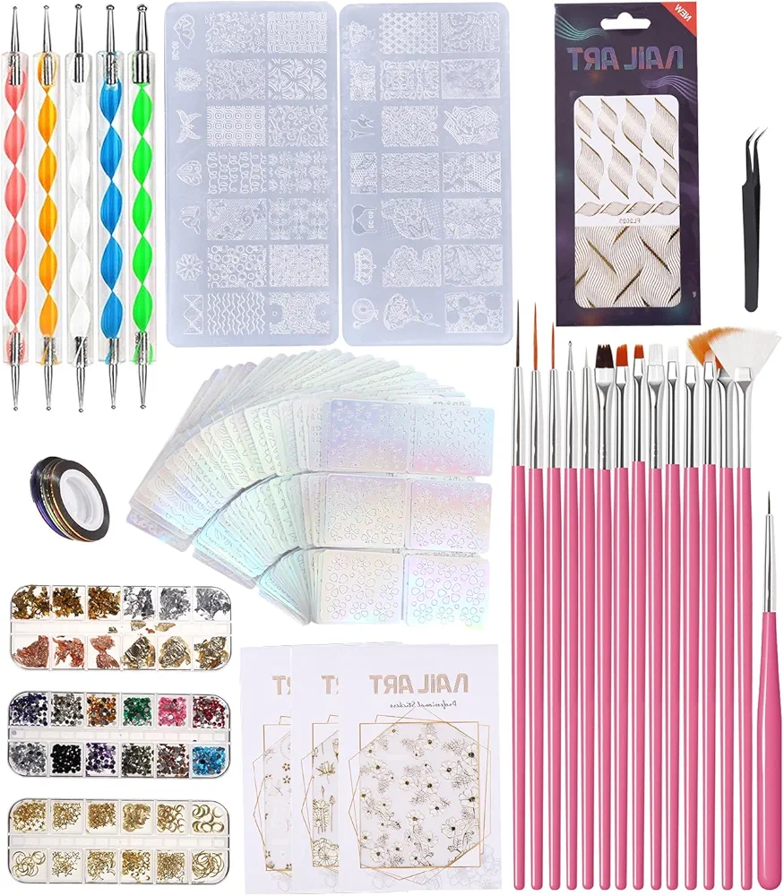 FAOKZE Kit de Accesorios Decoración Uñas Nail Art,Kit de Diseño de Arte de Uña incluir 15 Pinceles para Uñas, Cajas de Diamantes, Caja de Papel de Aluminio etc Decoración Uñas Nail Art Kit de Uñas.