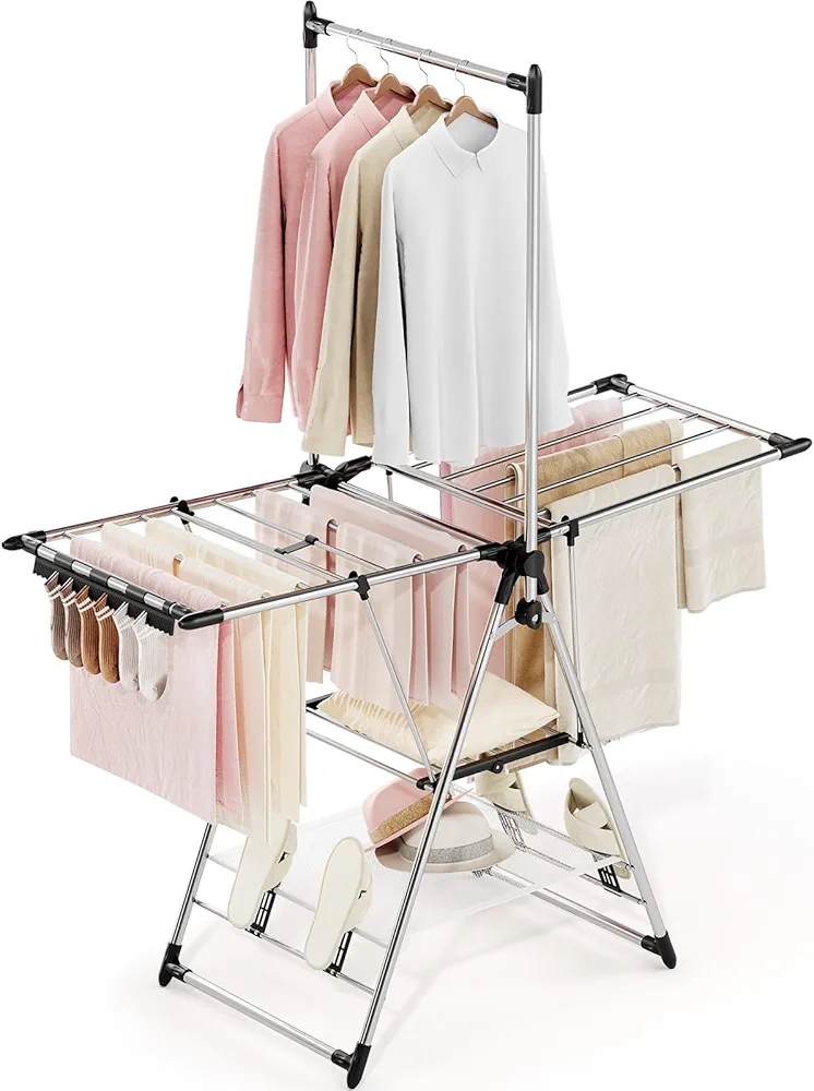 APEXCHASER Clothes Drying Rack with High Hanger, Foldable 3-Level Drying Racks with Shoe Rack, Crossbar and Vertical Rod Laundry Stand with Adjustable Wings Silver