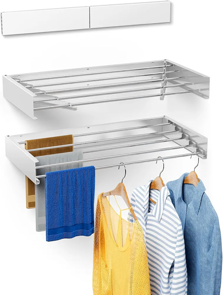 Laundry Drying Rack Collapsible, Wall Mounted Drying Rack, Clothes Drying Rack, Retractable Drying Rack,13.2 Linear Ft, 5 Aluminum Rods, 60 lb Capacity (White, 40'')