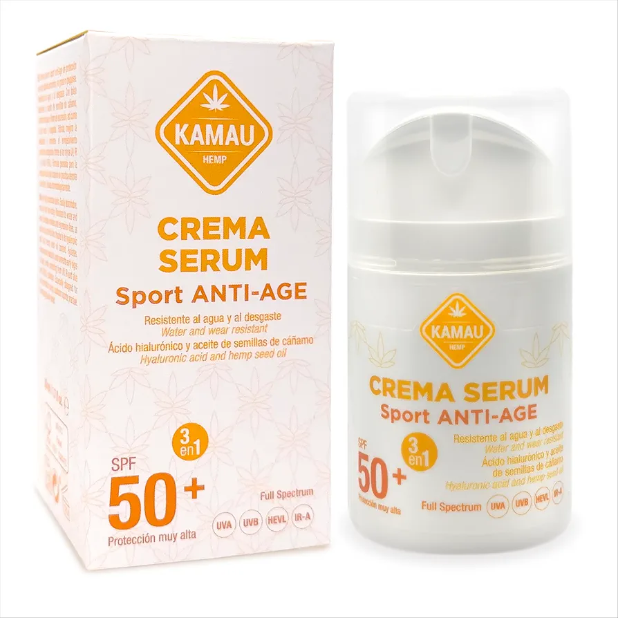 Crema Serum Anti-Edad SPF 50+ Kamau 50 ml - Protección Solar Deportiva, Resistente al Agua, Hidratante con Ácido Hialurónico y Aceite de Semillas de Cáñamo, Antiarrugas y Antioxidante