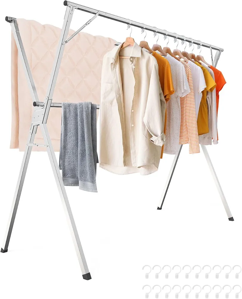 Clothes Drying Rack 63 Inches, Folding Laundry Drying Rack Clothing, Foldable Garment Hanging Drying Rack for Indoor Outdoor, Heavy Duty Collapsible Laundry Hanger Dryer Rack with 20 Windproof Hooks