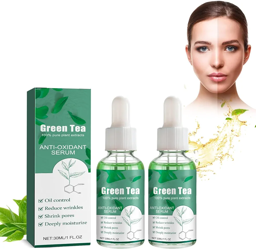 2PCS Esencia de te Verde, Efensas Naturales, 100% Puro y Natural, para Cuidado de la Piel, Anti Acné, Relajación y Bienestar Personal, Adecuada para Todos los Tipos de Piel Esencia Facial Hidratante