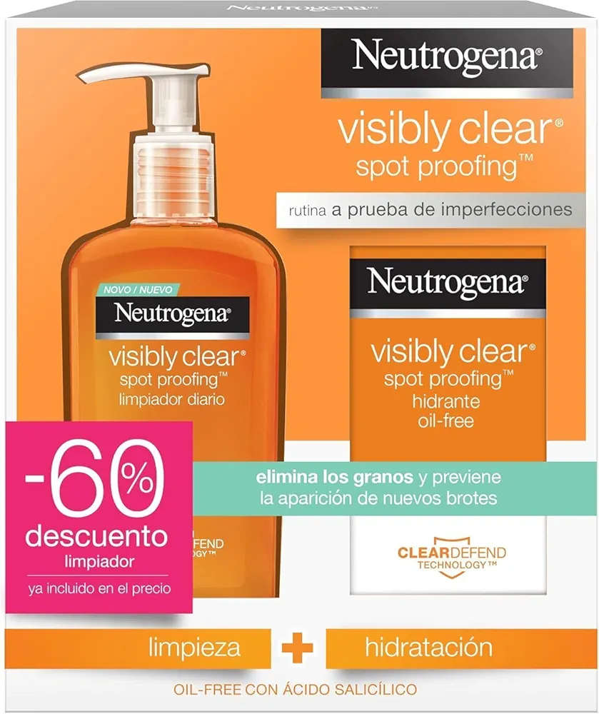 Neutrogena Visibly Clear Spot Controlling, rutina de cuidado facial con ácido salicílico, contiene un gel limpiador facial (1x200 ml) y un hidratante facial (1x50 ml)