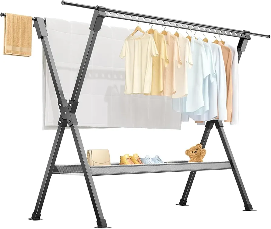 Clothes Drying Rack Indoor Outdoor, 52-92 Inch Large Retractable Drying Rack Clothing, High Capacity Blanket/Sheet Drying Rack, Foldable Laundry Drying Rack with 36 Windproof Holes and Drying Net