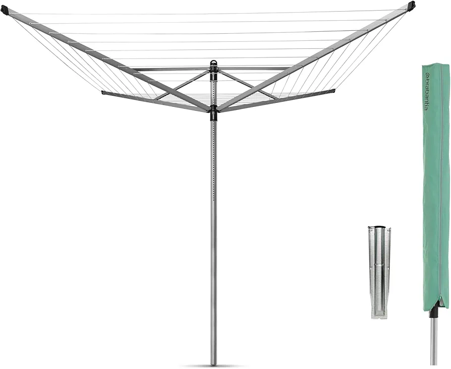 Brabantia Lift-O-Matic Outdoor 4 Arm Clothesline (164 ft/Ø 1.8") Height Adjustable, Folding Clothes Drying Rack + Ground Spike & Cover (Gray)