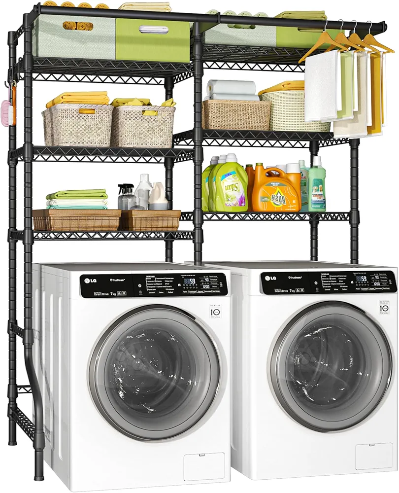 Ulif U13 Medium Over Washer and Dryer Storage Shelves, 6 Tiers Laundry Room Standing Shelf with 2 Hanger Rods, Space Saver Clothes Drying Rack, 57.8" W x 22" D x 77.4" H, Black