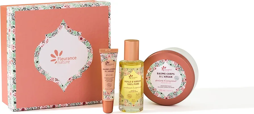 Fleurance Nature, Cofre regalo Argan, cosmetica bio, aceite+labial+balsamo, cuidado facial y corporal bio, 24585