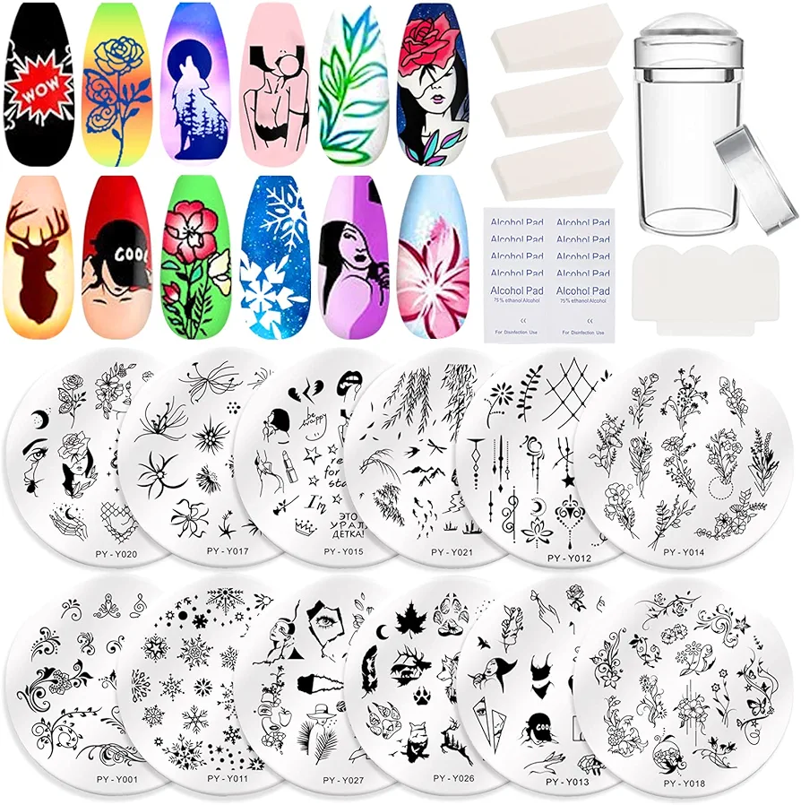 RUIJIE Nail Art Stamping 12 Pcs Placas Estampacion Uñas para Manicura, Plantillas para Uñas, Decoración de Uñas con 1 Estampador, 1 Rascador, 3 Esponja, 10 Toallitas, Patrones Animales Corazón Flores