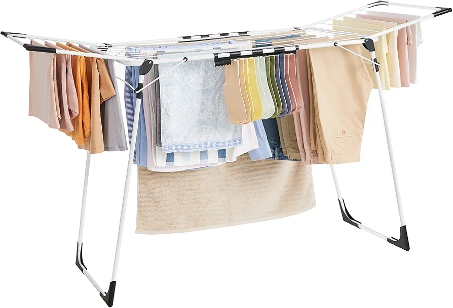 SONGMICS Clothes Drying Rack Foldable, Gullwing Laundry Drying Rack, Space-Saving, 22.2 x 68.1 x 38 Inches, Sock Clips, Metal Structure, for Clothes, Towels, Linens, Indoor, Outdoor White ULLR518W01