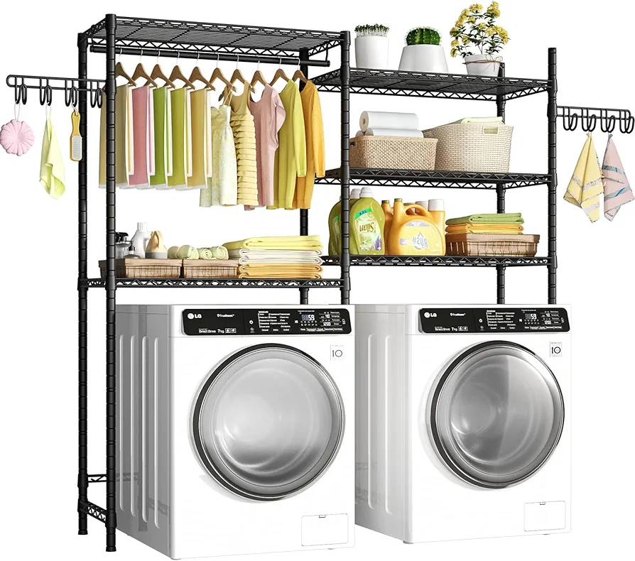 Ulif 65.3" W x 13.4" D x 77.5" H Clothes Drying Rack, 5 Tiers Over Washer and Dryer Laundry Room Storage and Organizer, Heavy-Duty Space Saver, Black