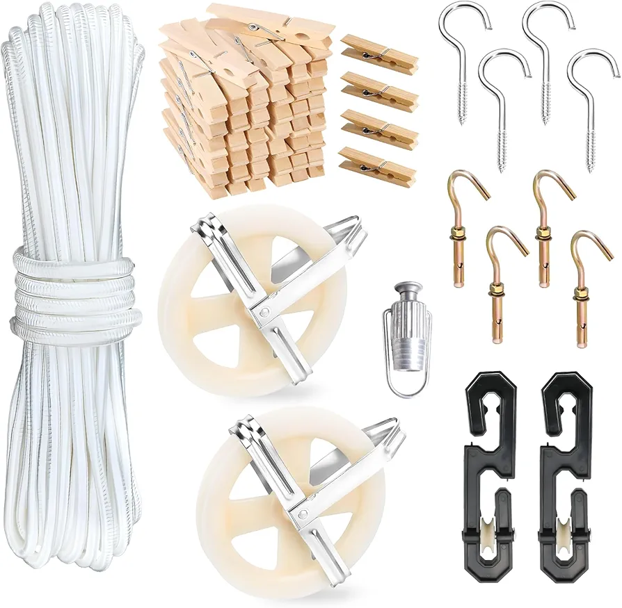 Clothes Line Outdoors, Clothes Line Pulley Kit Include 164ft Polyester Clothes Line Ropes, Clothesline Pulley, Clothesline S-Separators, Clothesline Tightener and Clothespins