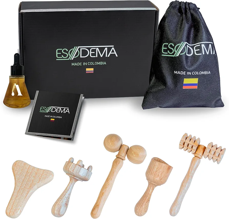 Kit Maderoterapia Facial Completo - ESODEMA - Skincare Kit Facial con Rodillo Maderoterapia Copa Sueca, gua sha facial - Pack Maderoterapia Champiñon - 5 Piezas y Aceite de Argan de Marruecos 30ml