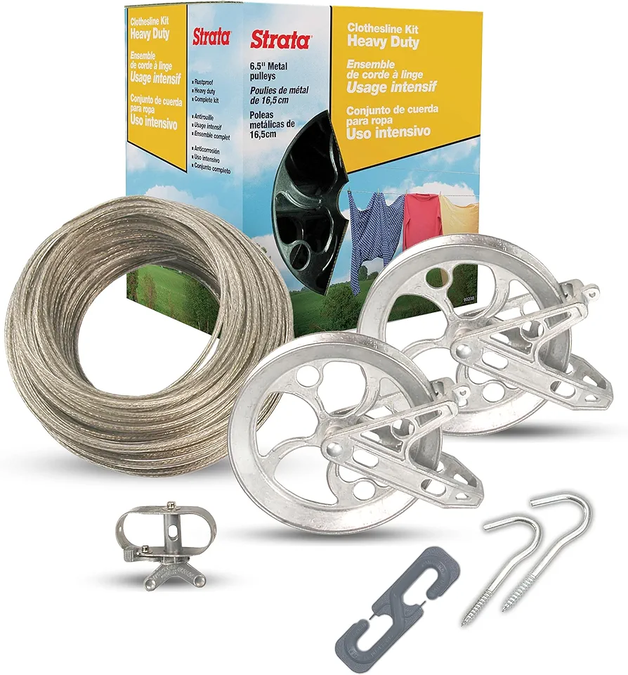 Strata Clothesline Outdoor Heavy Duty Kit - 150 Feet Galvanized Wire Gold PVC Coating, 6.5" Clothesline Pulley 2pcs, Metal Mini Winch Tightener 1pc, Plastic Spreader/Spacer 1pc & 2 Metal Hooks