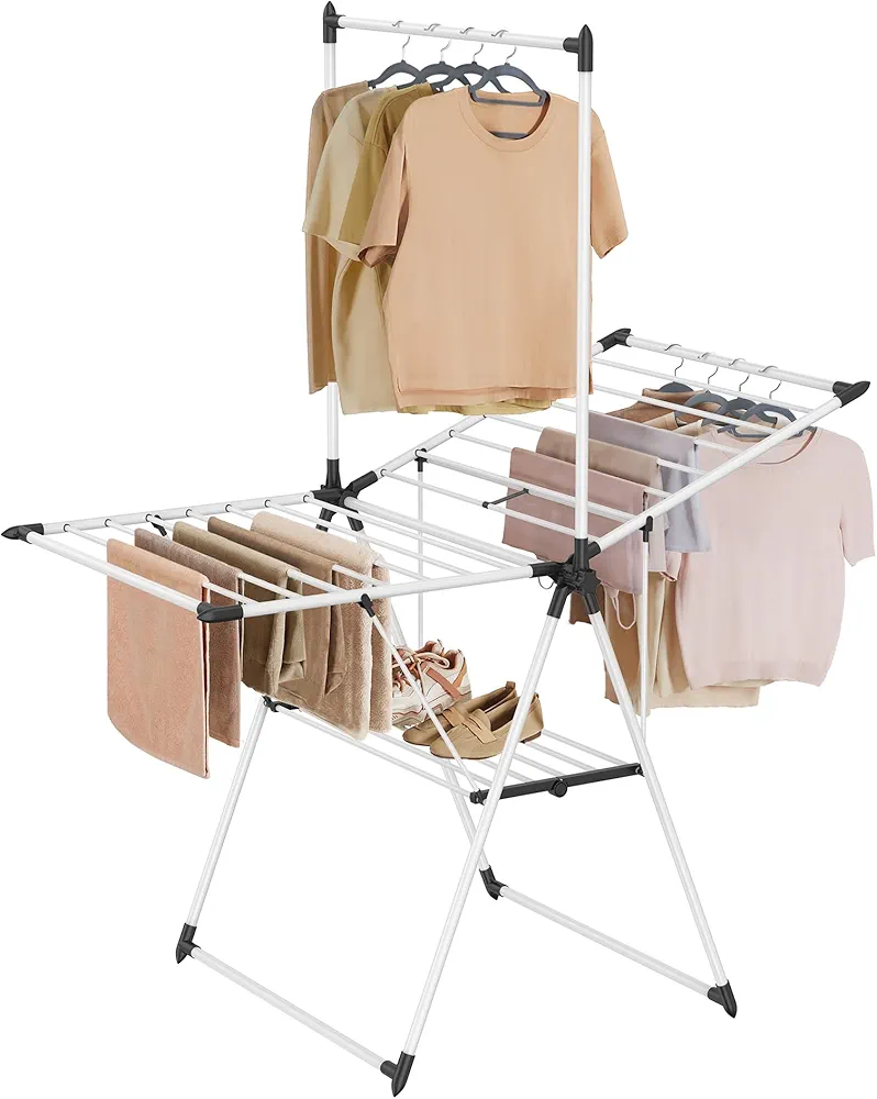 SONGMICS Clothes Drying Rack, Foldable 2-Level Laundry Drying Rack, Free-Standing Airer, 1 Additional Tall Hanging Bar, 2 Height-Adjustable Wings, 24 Drying Rails, Space Savng, Simply White ULLR521W01